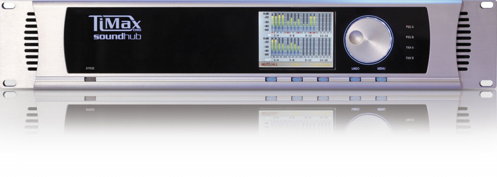 Компактный 2U процессинговый блок TiMax2 Soundhub оснащен 16 аналоговыми или цифровыми (AES) входами и выходами
