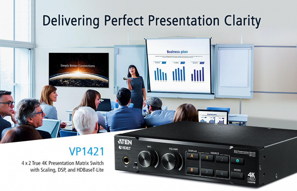 Устройство VP1421 компании ATEN, это многофункциональный коммутатор для проведения презентаций, объединяющий в одном компактном корпусе матричный видео-переключатель, True 4K масштабатор, удлинитель HDBaseT, процессор для обработки звуковых сигналов и аналого-цифровой преобразователь. 